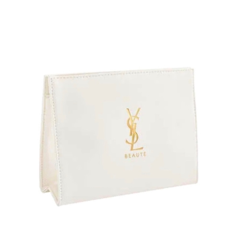 Yves Saint Laurent Beaute Cream Faux‎ Leather Makeup Bag Gold YSL Logo Pouch